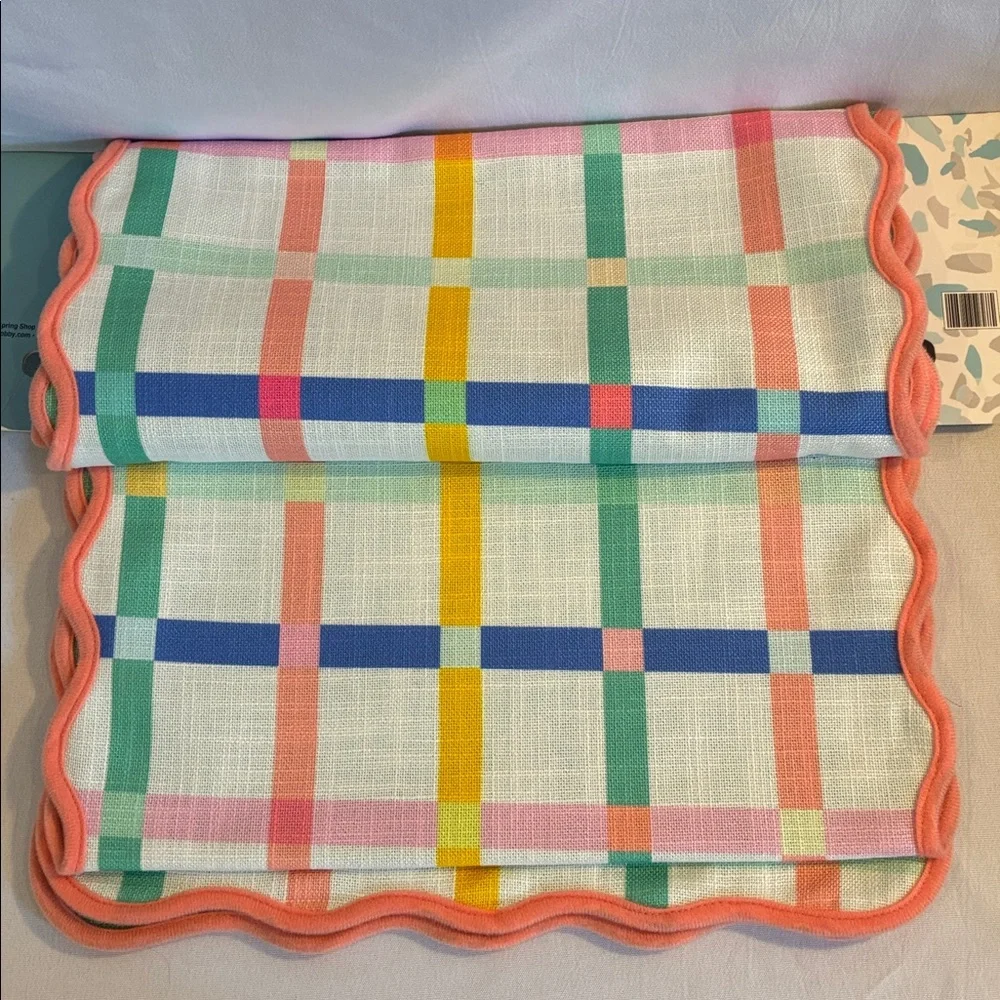 NEW The spring Shop Easter colorful white pastels plaid Table Runner 14” X 72”